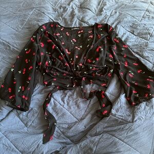Black Cherry Print Tie-Front Blouse